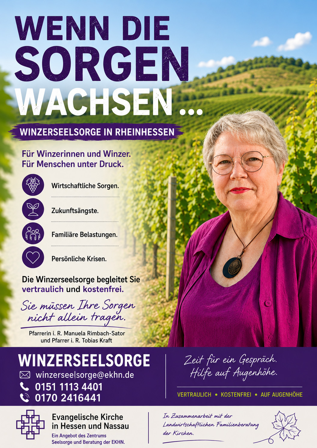 Ein Plakat mit dem Bild der Winzerseelsorgerin und den Angaben zur Erreichbarkeit